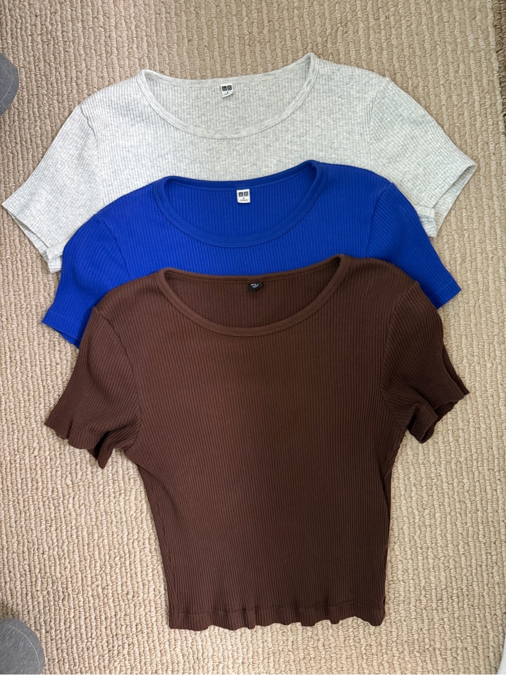 Uniqlo Ribbed Crew Crop Tee - Brown, Royal Blue, Light Gray